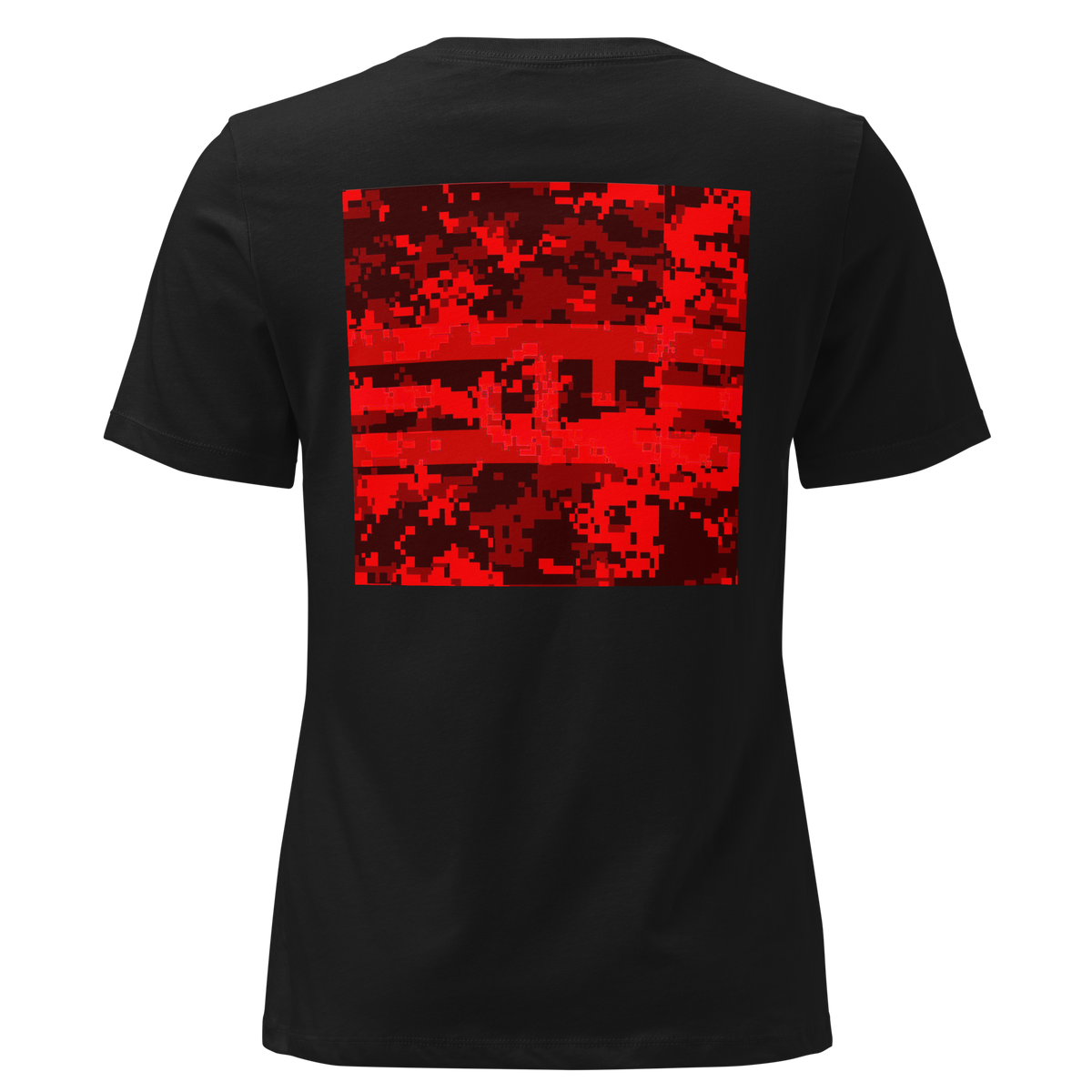 Women's Relaxed ELITE® Icon Camo Block Tee - Fury in Black, back, large square of red and black camo with the ELITE logo inside