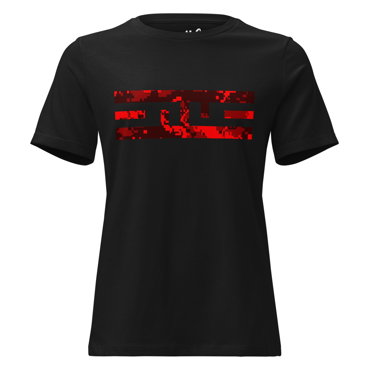 Women's Relaxed ELITE® Icon Camo Block Tee - Fury in Black, front, ELITE logo block printed in red and black camo on the chest