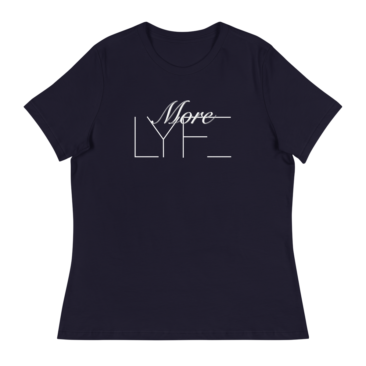 Front of the navy More LYFE Women's Relaxed Tee with More LYFE across the chest