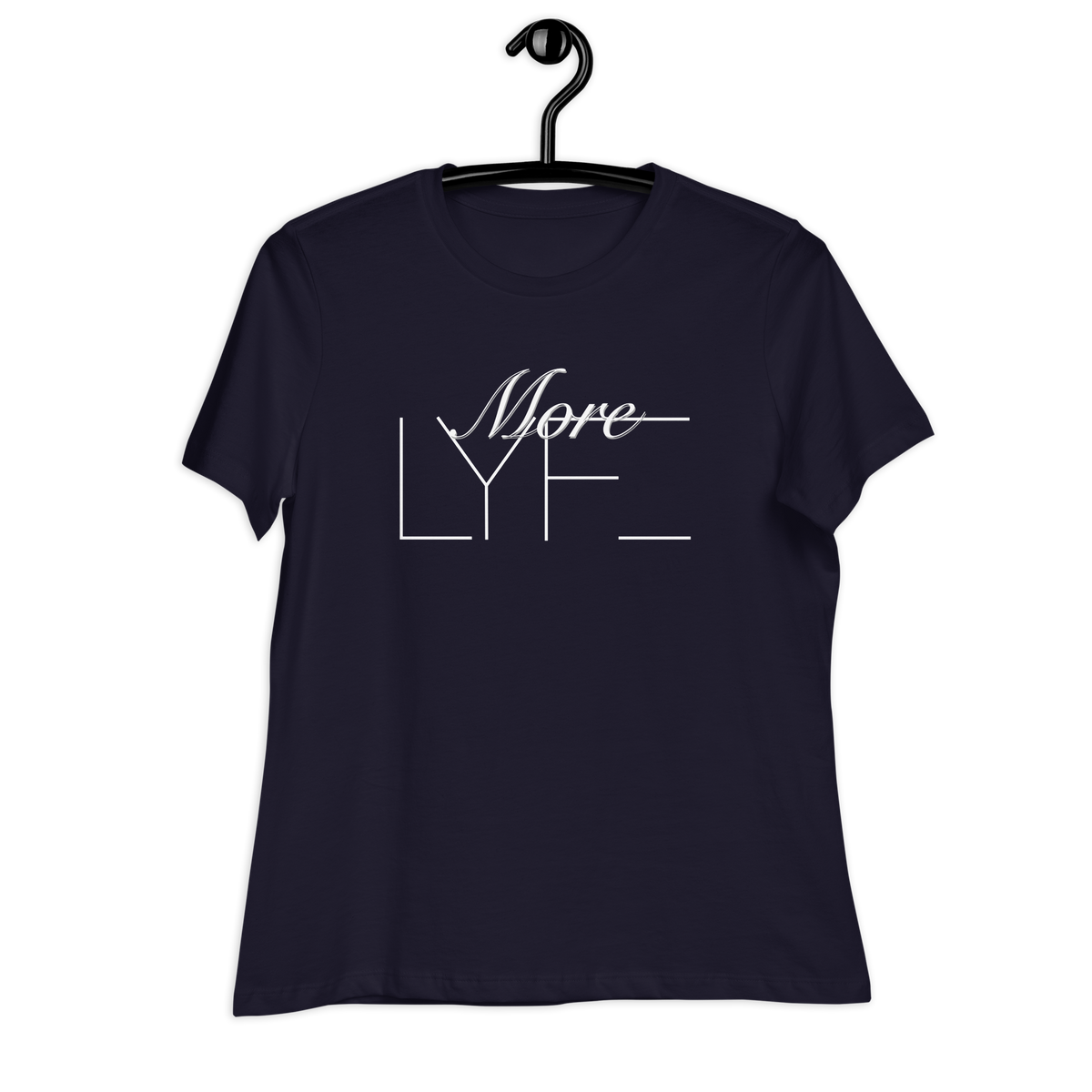 Navy More LYFE Women's Relaxed Tee on a hanger, front view