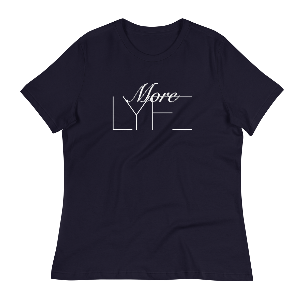 Navy More LYFE Women's Relaxed Tee, front view with More LYFE across the chest