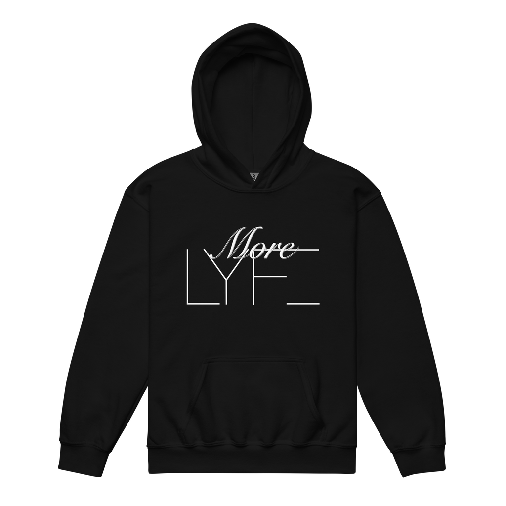 Front of the black More LYFE Youth Hoodie with More LYFE across the chest