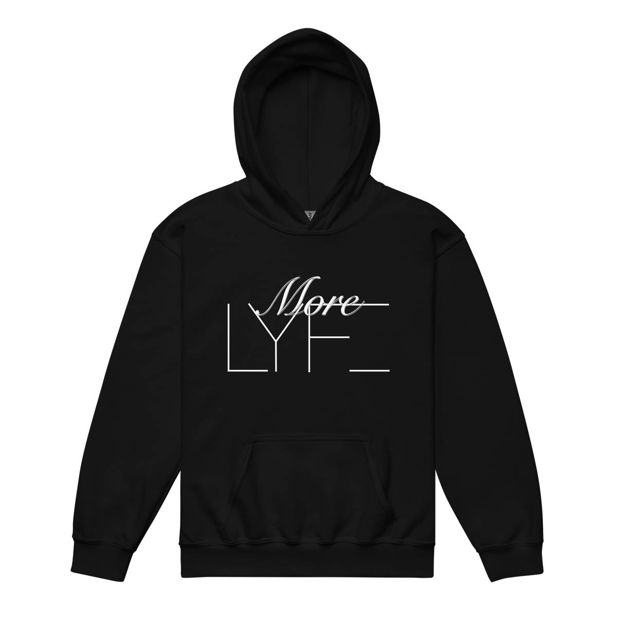 Front of the black More LYFE Youth Hoodie with More LYFE across the chest