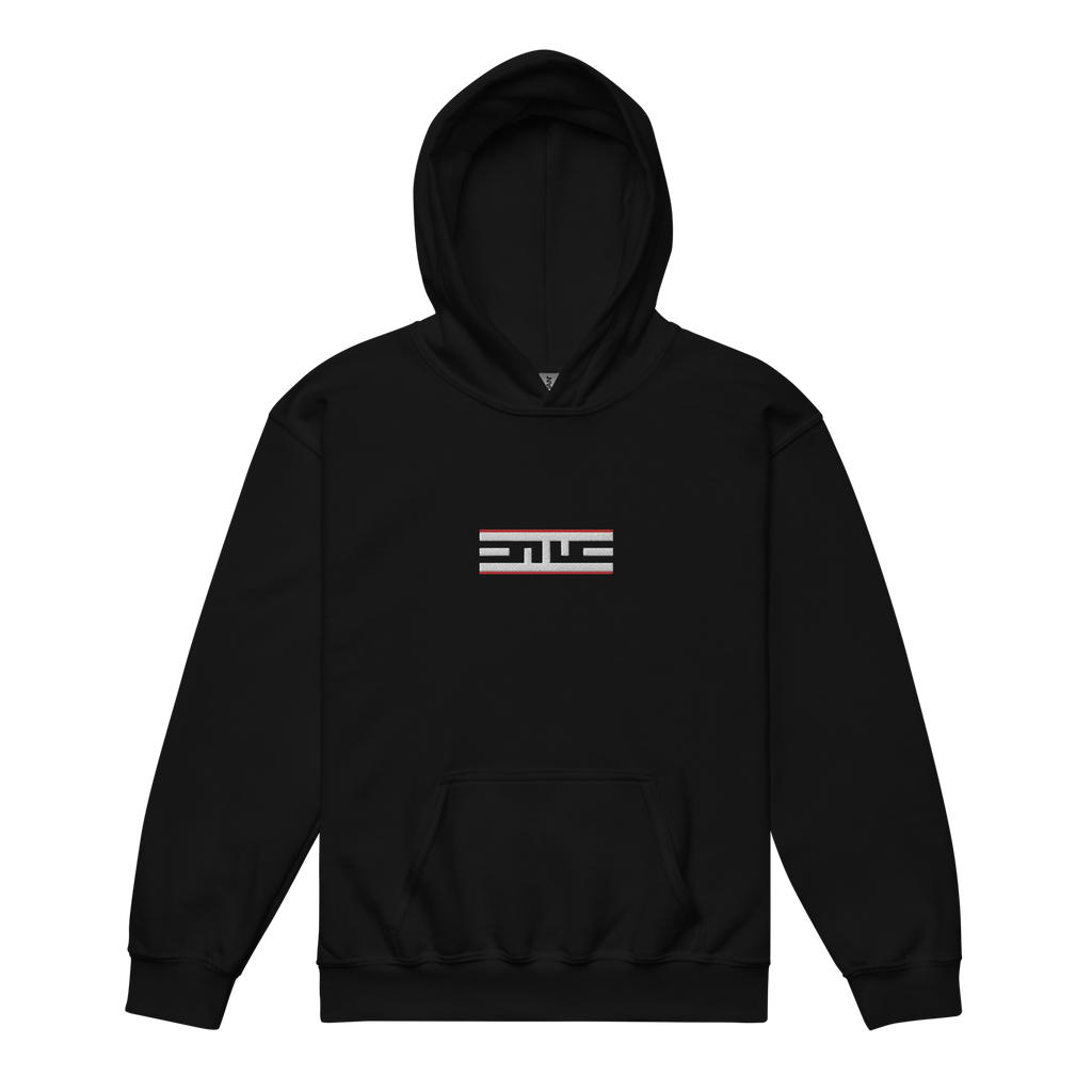Front of the black ELITE® Icon Red Label Youth Hoodie with the Red Label ELITE® icon on the chest