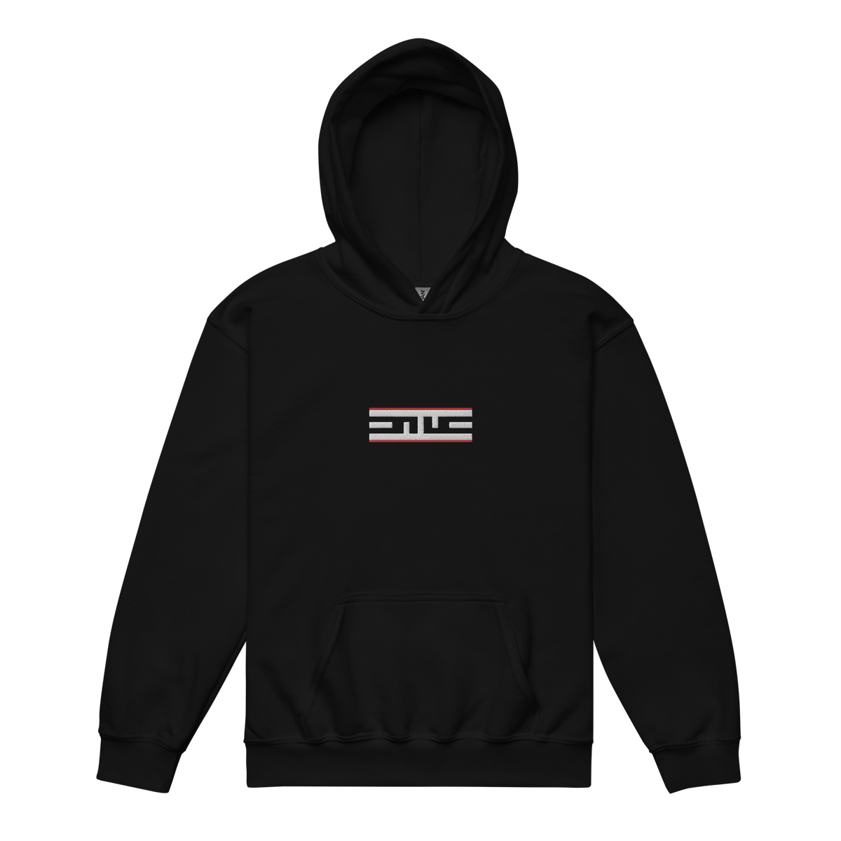 Front of the black ELITE® Icon Red Label Youth Hoodie with the Red Label ELITE® icon on the chest