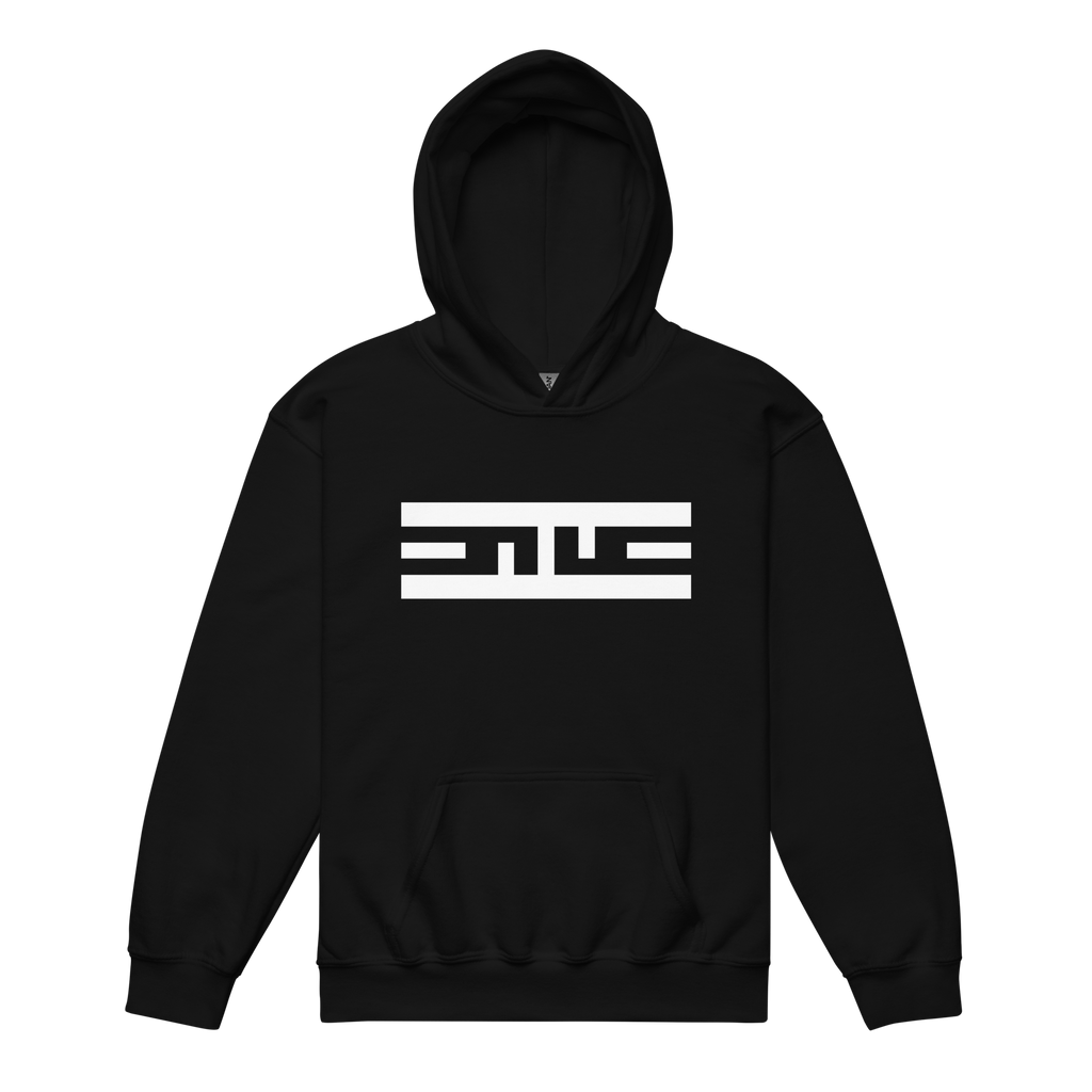 Front of the black ELITE® Icon Youth Hoodie with the white ELITE® icon across the chest