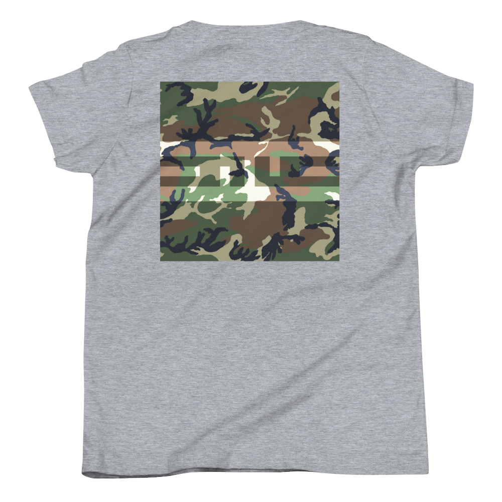 Back of the athletic heather ELITE® Camo Block Youth Tee with a large Swamp camo block