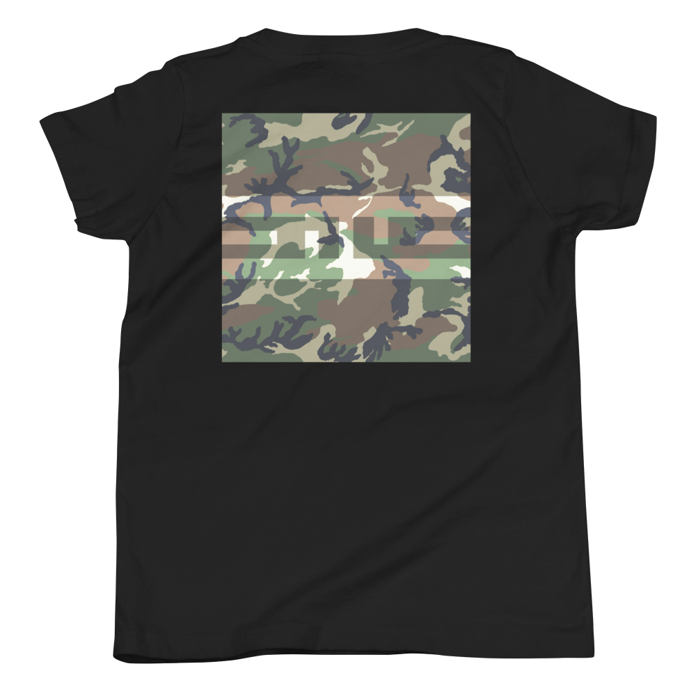 Back of the black ELITE® Camo Block Youth Tee with a large Swamp camo block