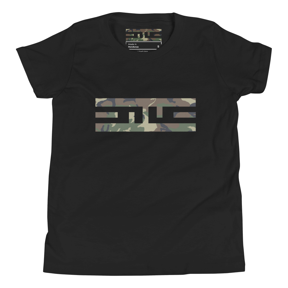 Front of the black ELITE® Camo Block Youth Tee with the ELITE® icon in Swamp camo