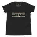 Front of the black ELITE® Camo Block Youth Tee with the ELITE® icon in Swamp camo