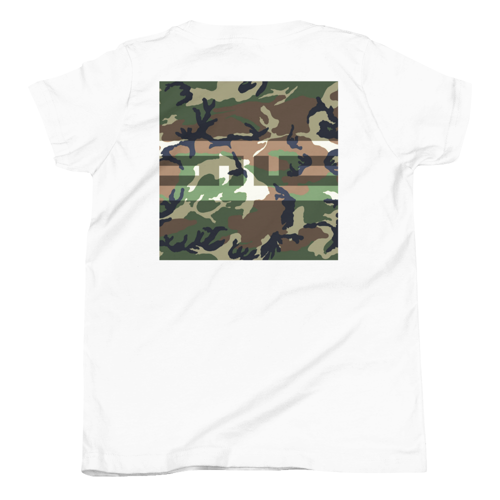 Back of the white ELITE® Camo Block Youth Tee with a large Swamp camo block