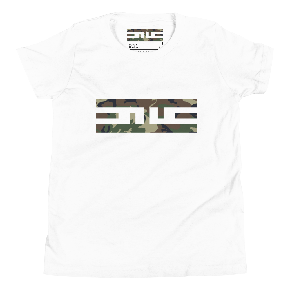 Front of the white ELITE® Camo Block Youth Tee with the ELITE® icon in Swamp camo