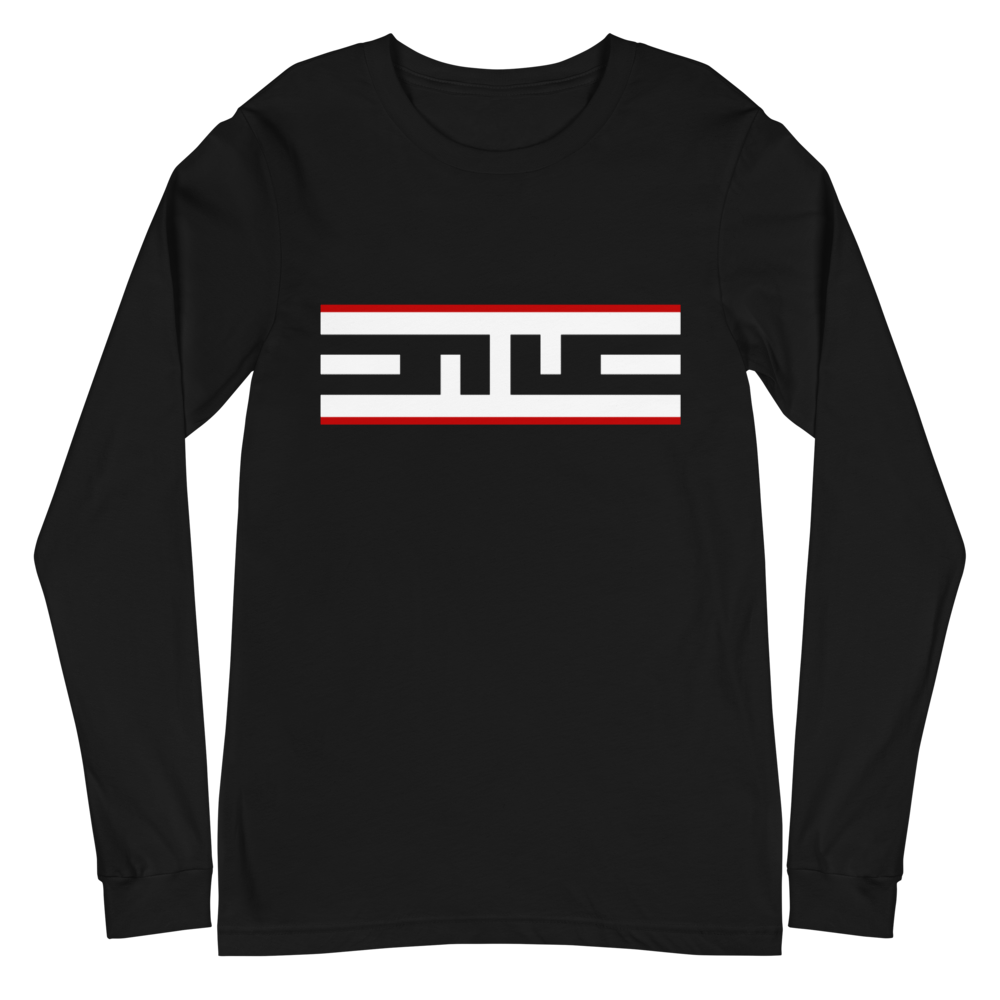 Black long sleeve tee with the Red Label ELITE® icon in white with a red stripe above and below, laid flat