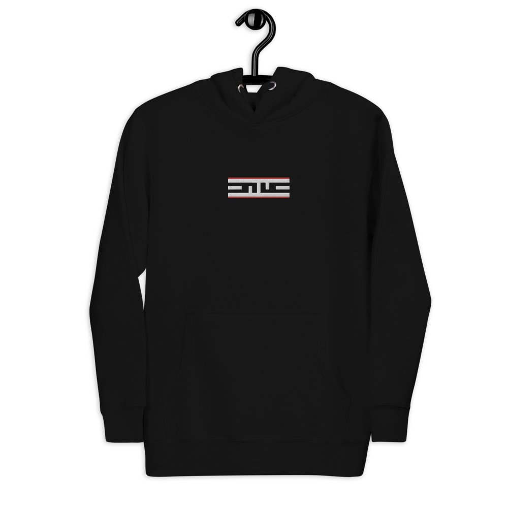 Black hoodie with the embroidered Red Label ELITE® icon, on a hanger