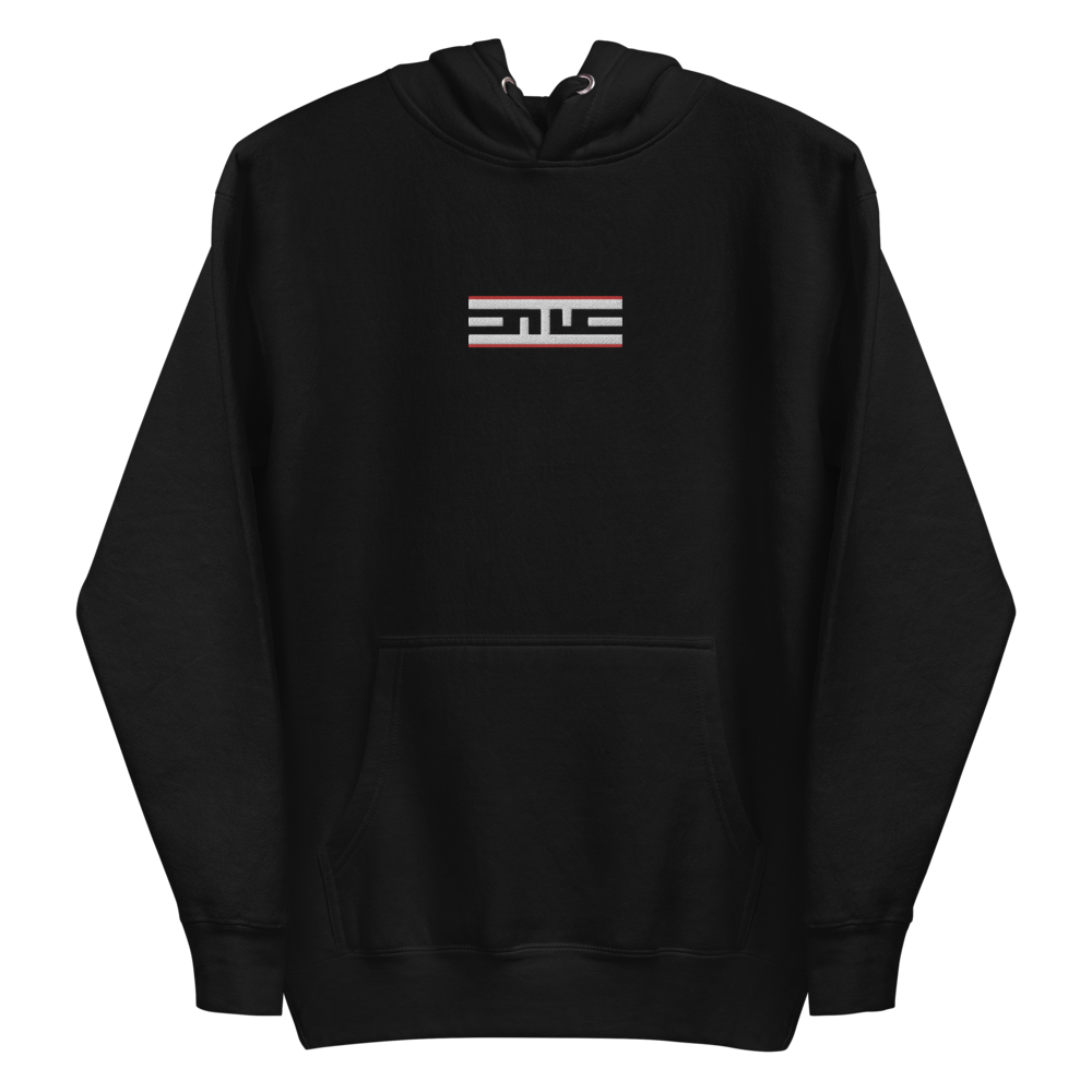 Black hoodie with the embroidered Red Label ELITE® icon, front view with hood down