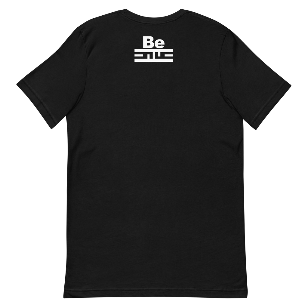 Back of a black tee with a small white Be ELITE tag below the collar
