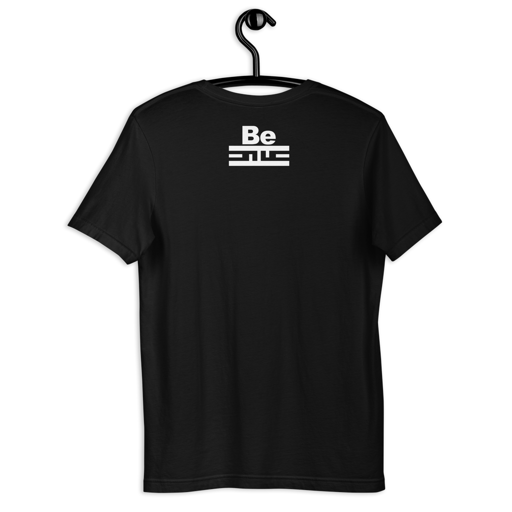 Back of the black Be ELITE Tag Tee on a hanger