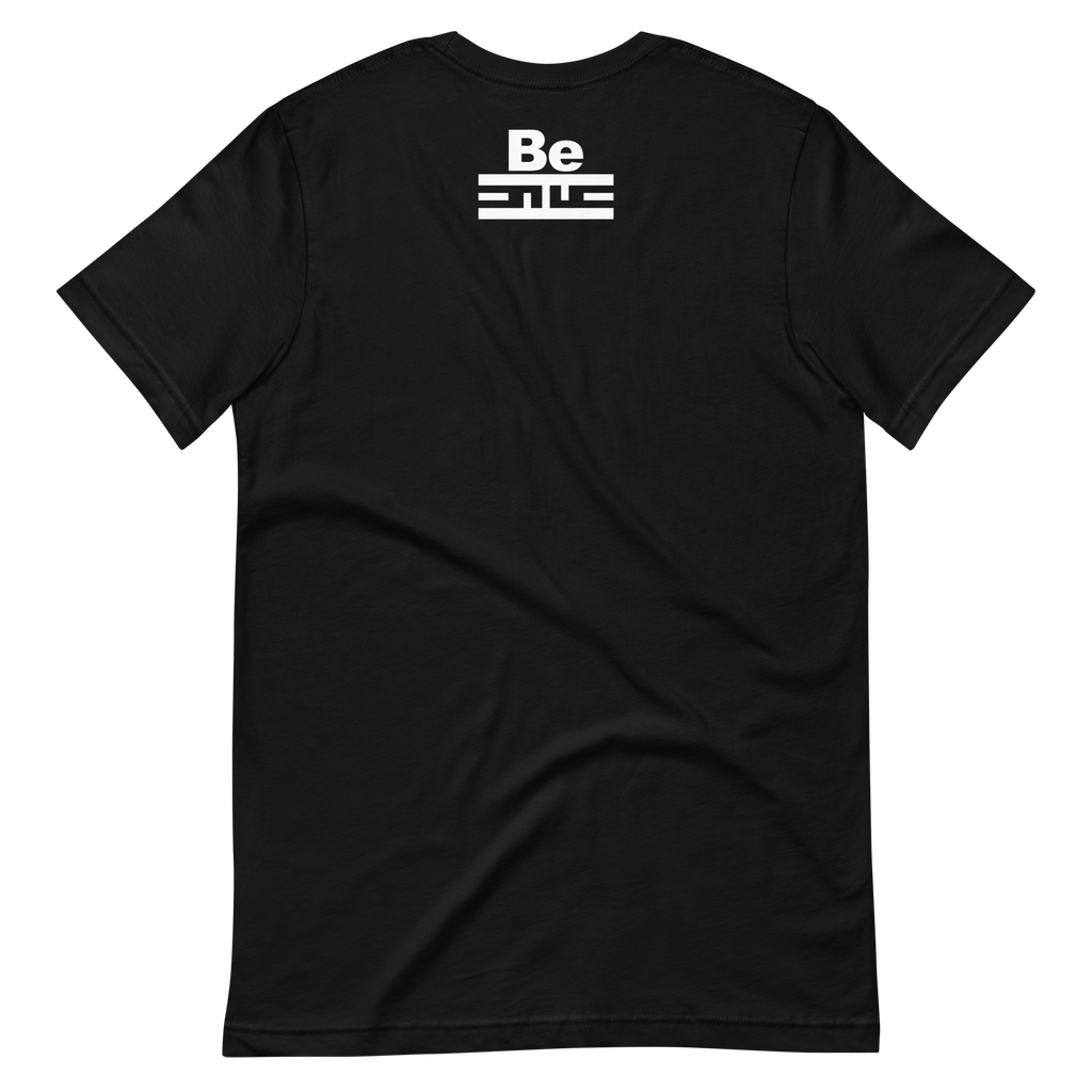 Back of a black tee with a small white Be ELITE tag below the collar