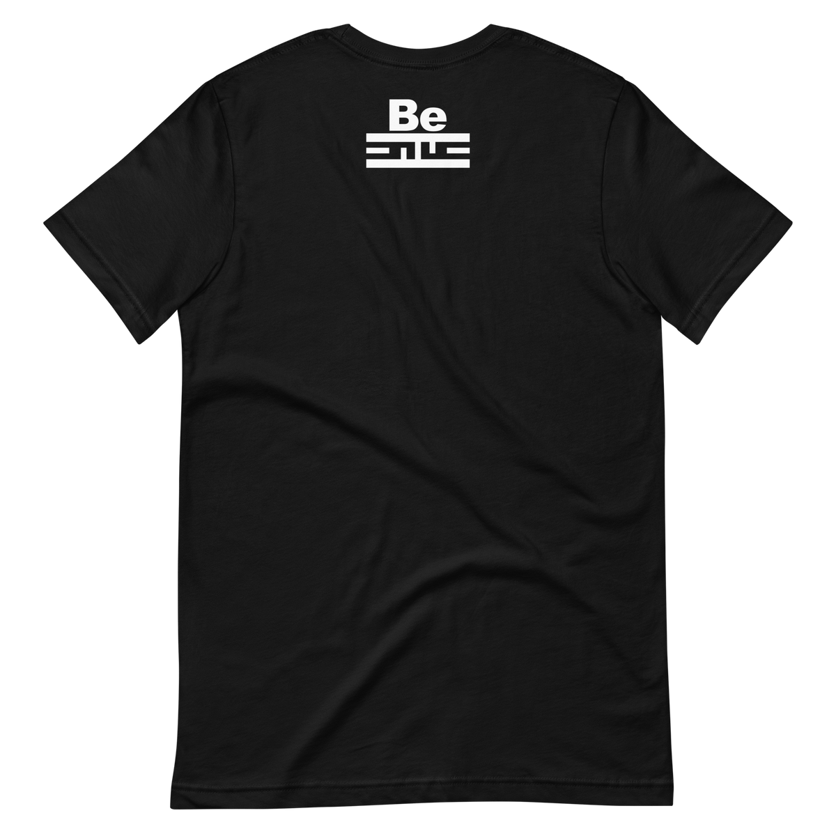 Back of a black tee with a small white Be ELITE tag below the collar