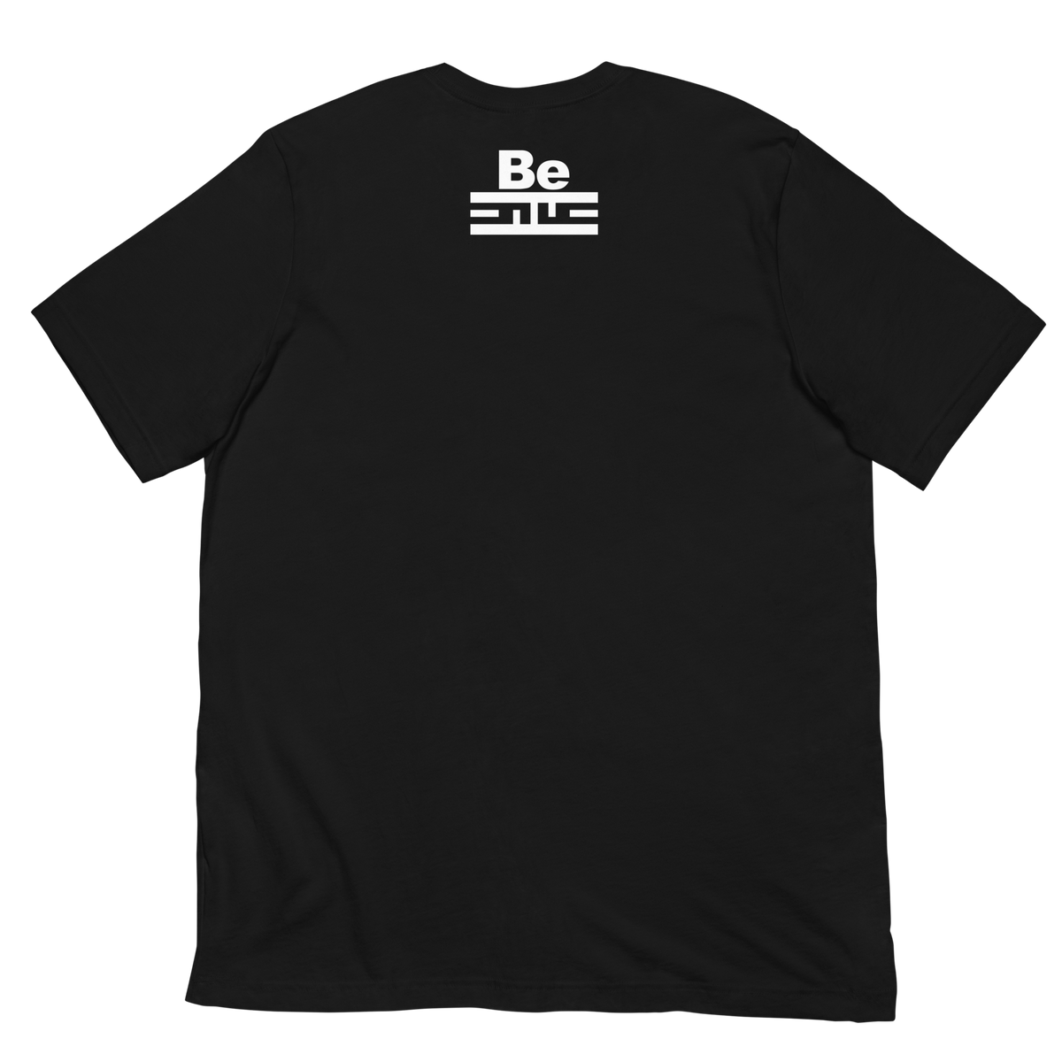 Back of a black tee with a small white Be ELITE tag below the collar