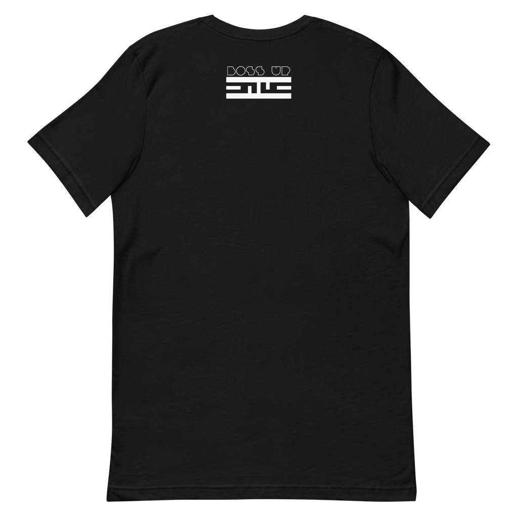 Back of a black tee with a small white Boss Up tag below the collar