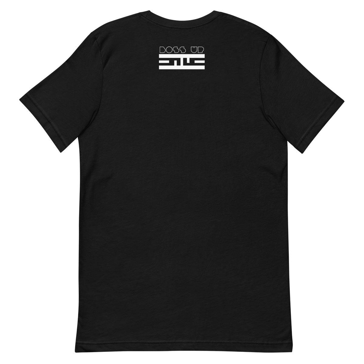 Back of a black tee with a small white Boss Up tag below the collar