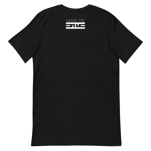 Back of a black tee with a small white Boss Up tag below the collar