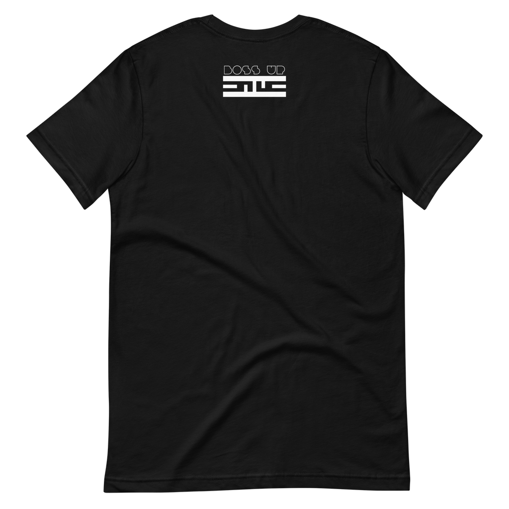 Back of a black tee with a small white Boss Up tag below the collar