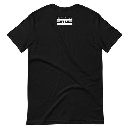 Back of a black tee with a small white Boss Up tag below the collar