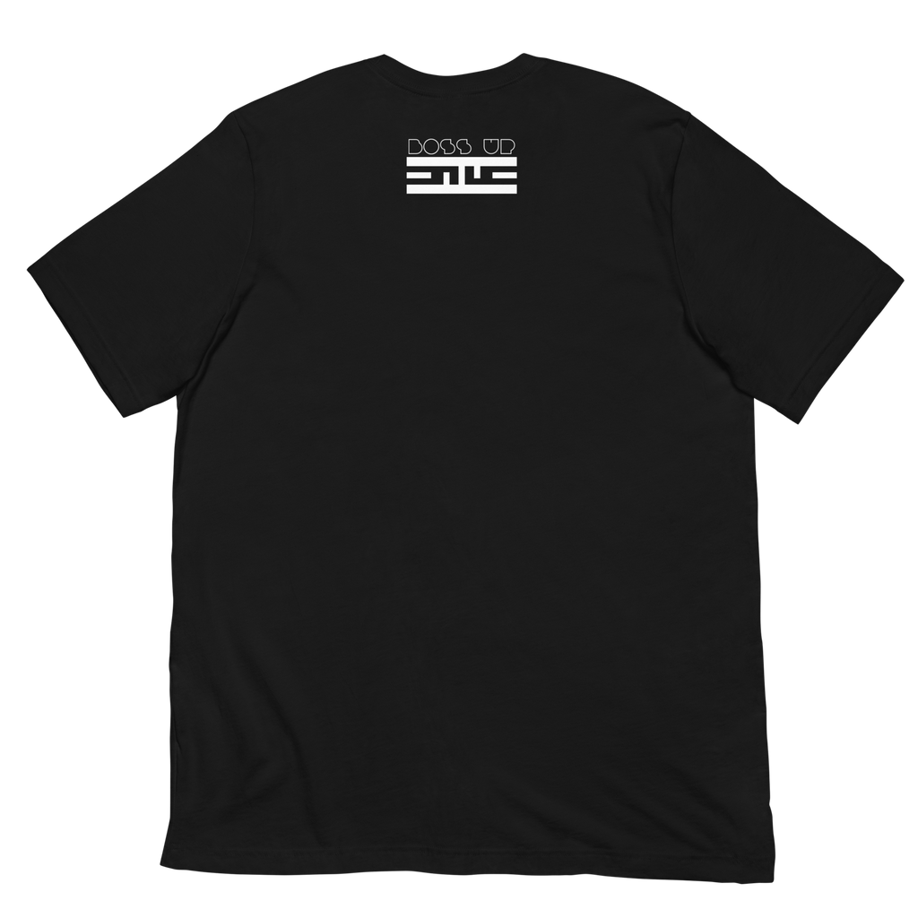 Back of a black tee with a small white Boss Up tag below the collar