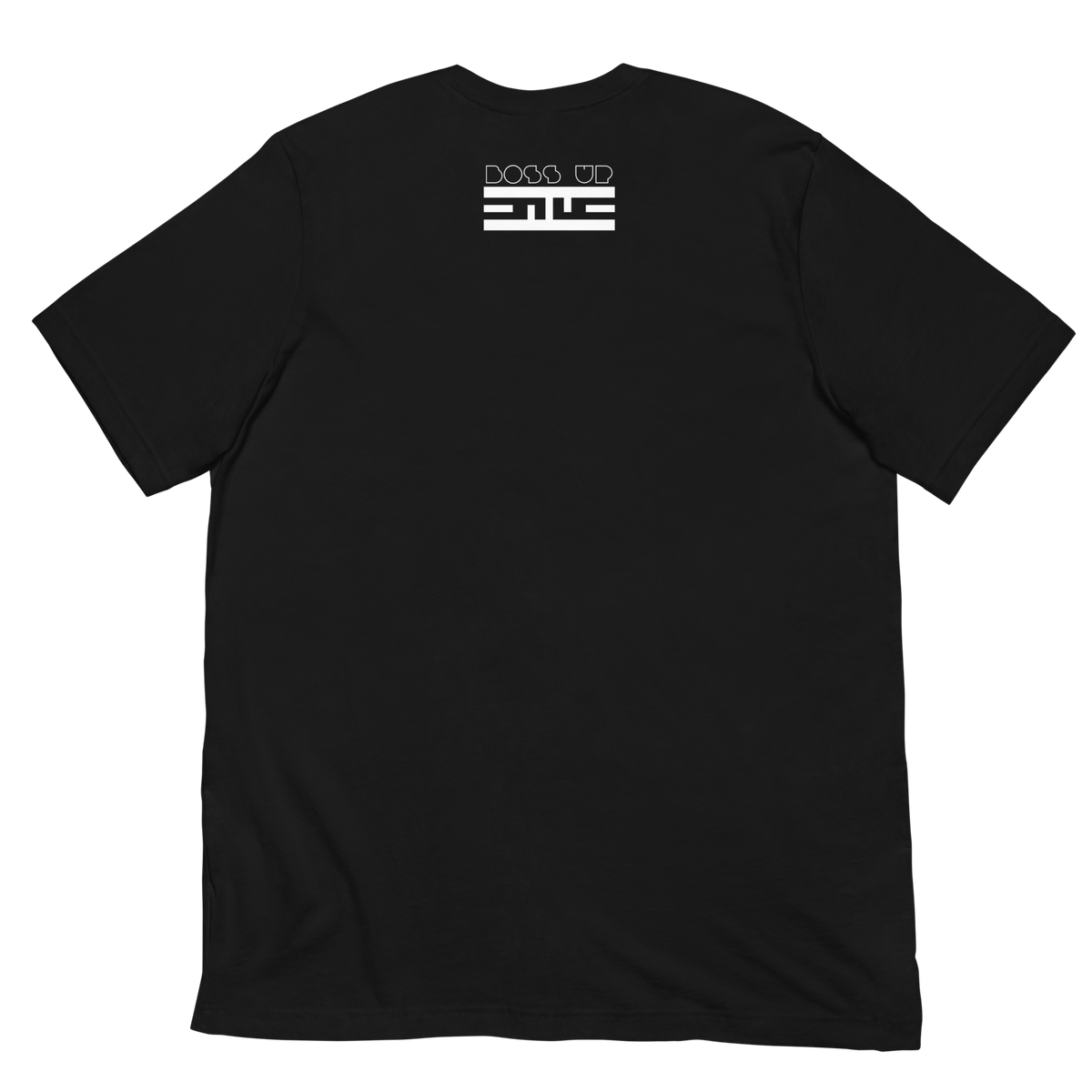Back of a black tee with a small white Boss Up tag below the collar