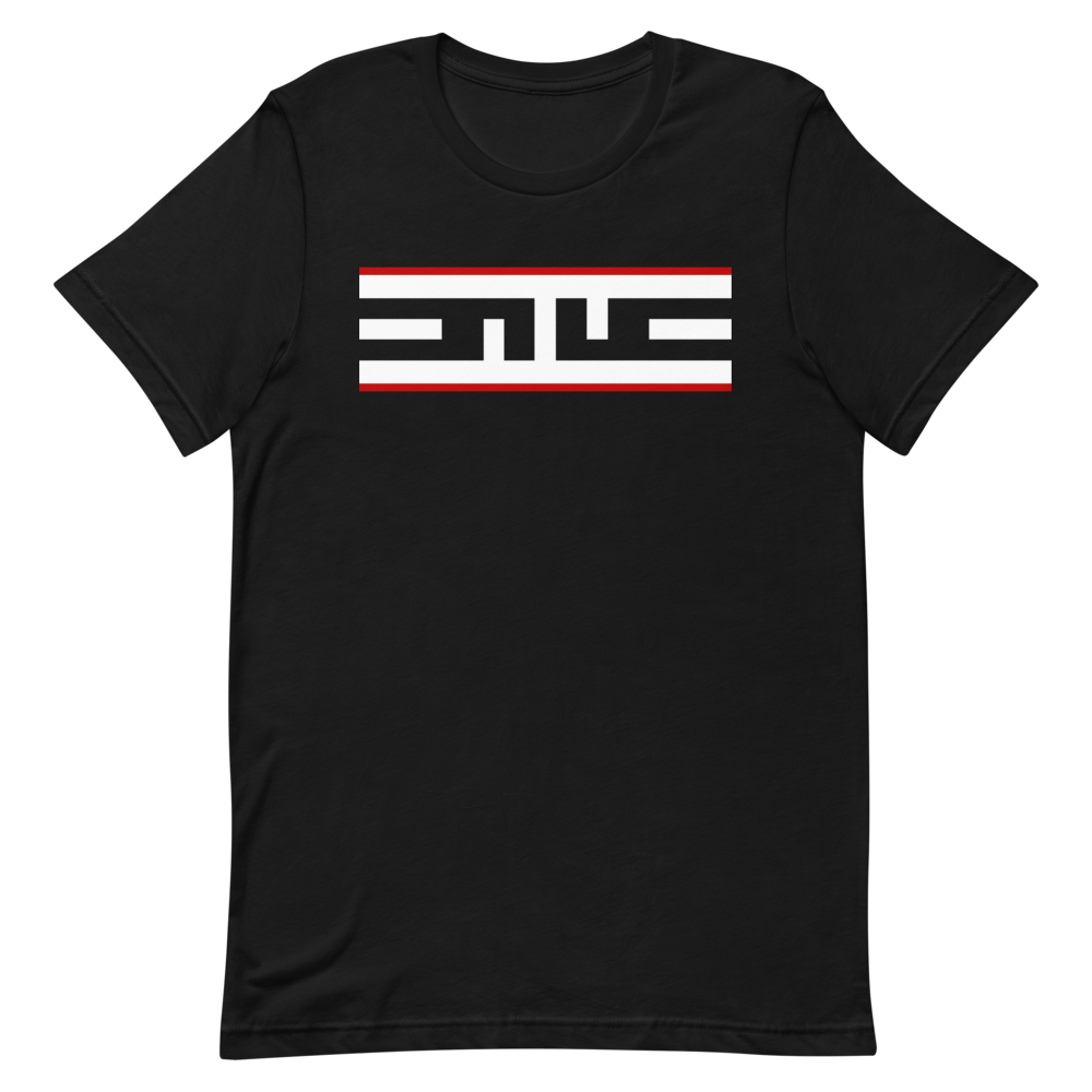 Black tee with the Red Label ELITE® icon in white with a red stripe above and below, laid flat