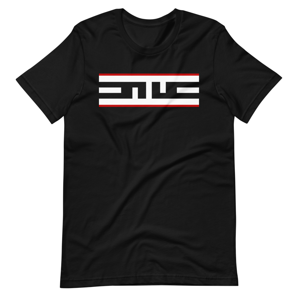 Black tee with the Red Label ELITE® icon in white with a red stripe above and below, laid flat