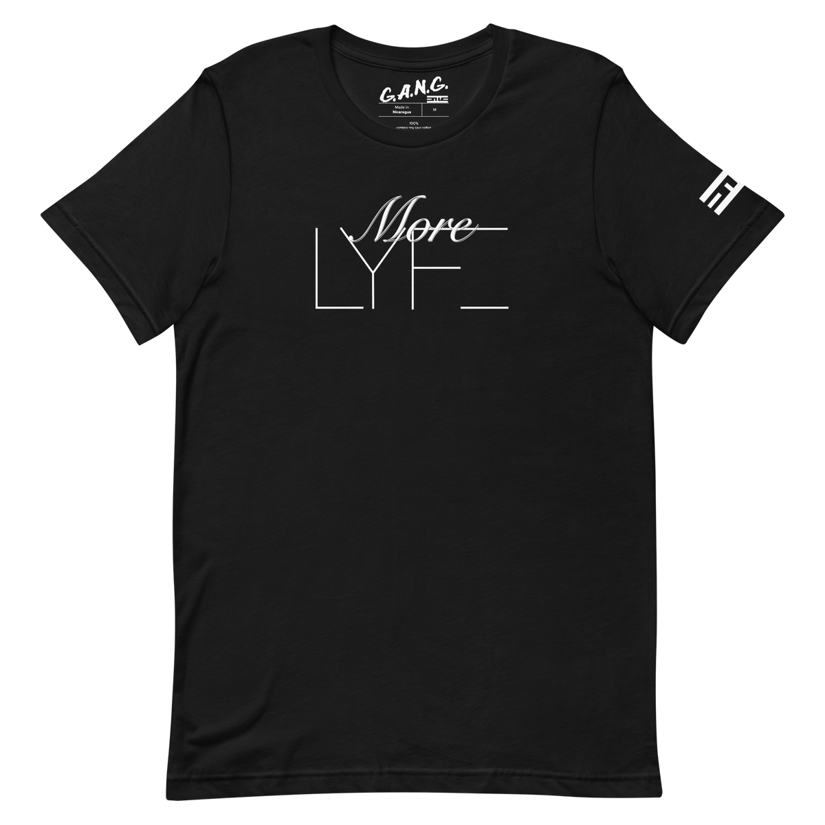 Front of the black More LYFE Tee with More LYFE across the chest and the ELITE® icon on the sleeve