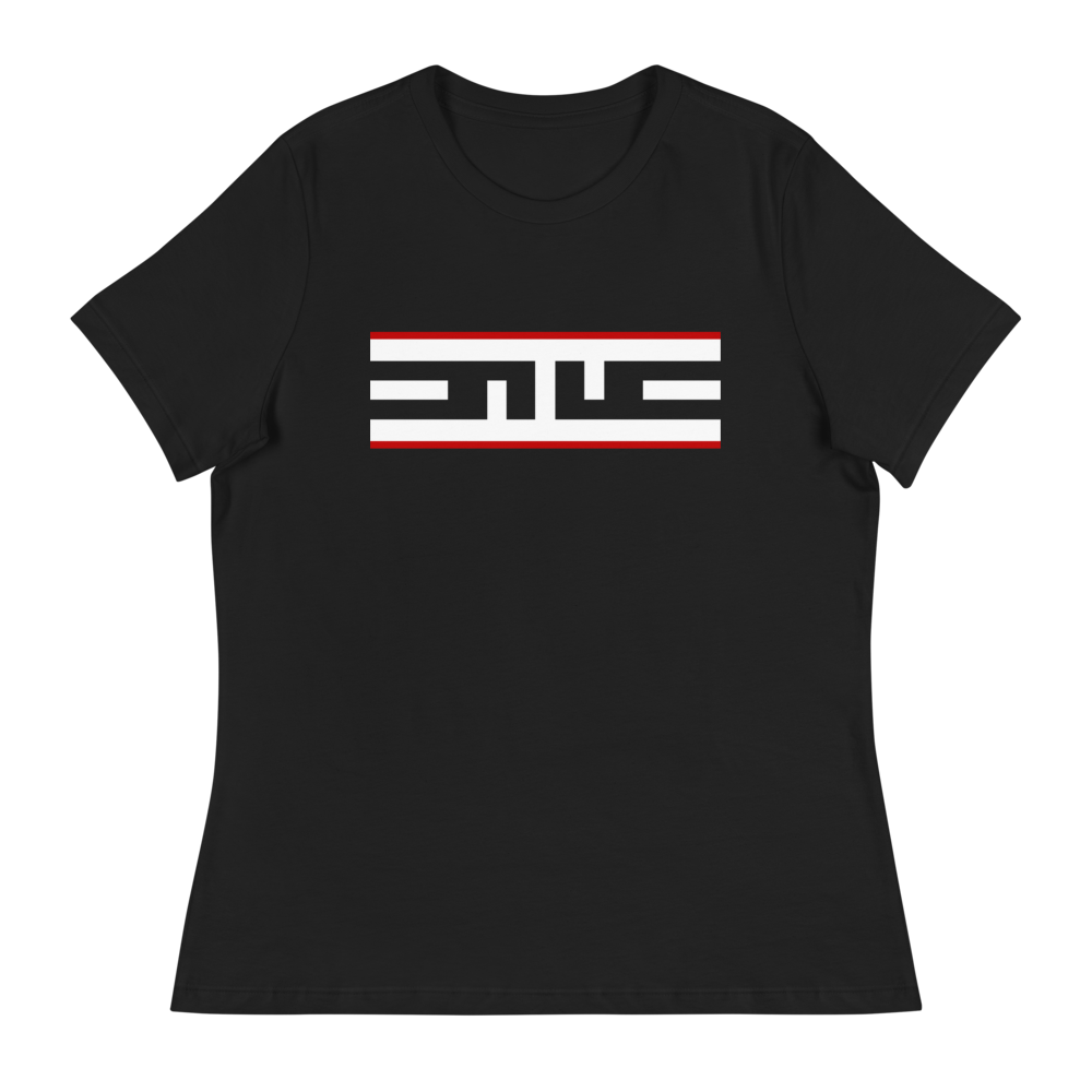 Women's relaxed black tee with the Red Label ELITE® icon in white with a red stripe above and below, laid flat