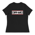 Women's relaxed black tee with the Red Label ELITE® icon in white with a red stripe above and below, laid flat
